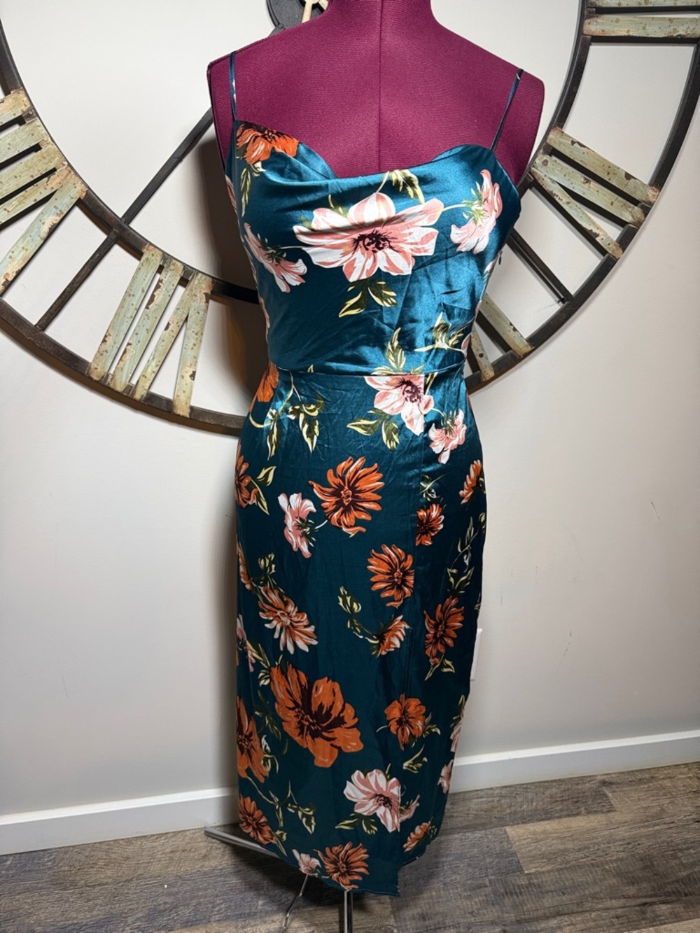 Floral Satin Slip Dress in Teal with Orange Blooms